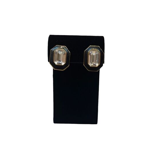 Vintage Trifari Black Enamel Clear Crystal Pierced Earrings - Picture 2 of 9